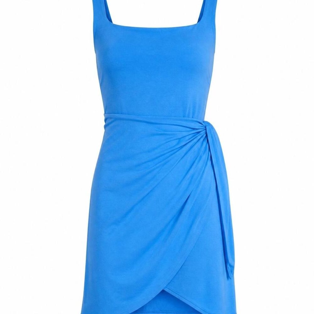 Aritzia Wilfred Saturn Mini Dress M Blue Wrap Ruched Square Neck